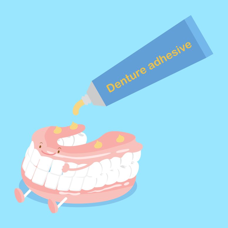 A cartoon drawing of dentures and denture adhesive.